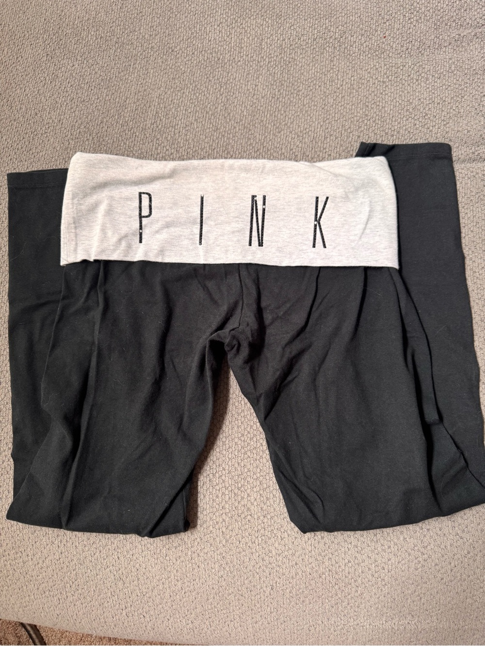 PINK Victoria's Secret Black Capris with Light Cream Fold-Over Waistband